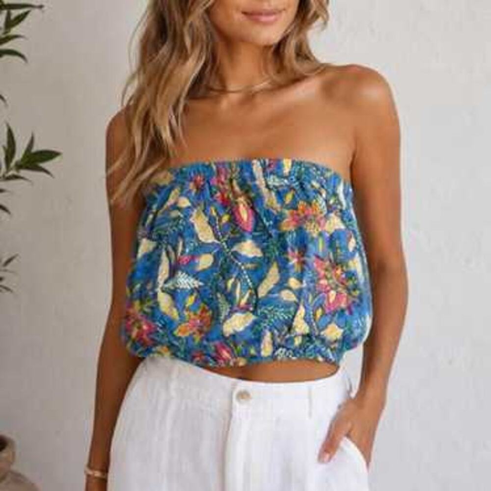 Starkx Bandeau Top Tube Bubble Crop Floral Summer Brights M Boho Tropical Beach - Picture 7 of 7